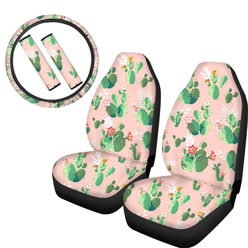 

INSTANTARTS Plant Cactus Fashion Design 5pcs Automobile Seats Protector Vibrant Steering Wheel Cover New Style Car Seat Pads