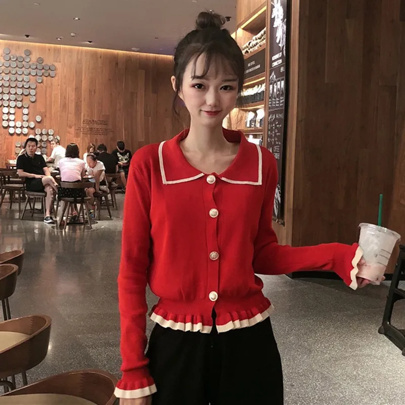 Women Sweater Elegant Turn Down Collar Button Pullover Female Korean Kawaii Ladies Knitted Jumpers Autumn Winter Clothing | Женская