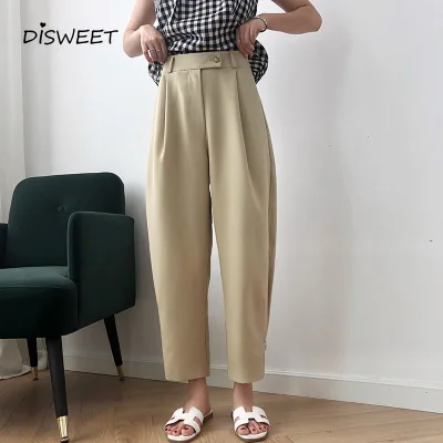 Корейские прямые брюки с высокой талией женские свободные однотонные в стиле