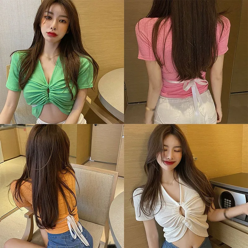 

Women T-shirts Sexy Hollow Out Crop Tops Clubwear Slim-fit Solid Tee Fashion Low-cut V-Neck Short Sleeve T Shirt