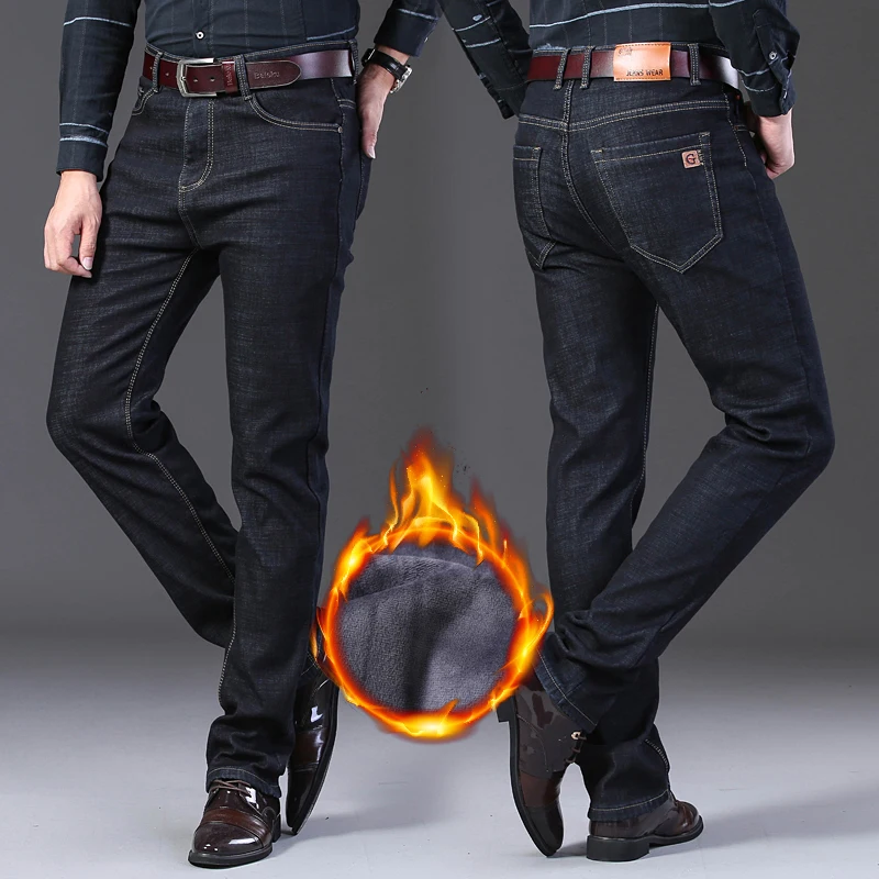 NIGRITY зимние мужские теплые флисовые джинсы стрейч повседневные Прямые толстые