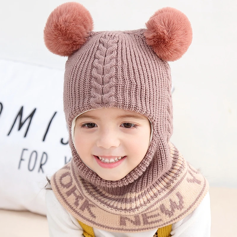 Зимняя детская шапочка с помпоном для девочки и шапка маленьких мальчиков шарф