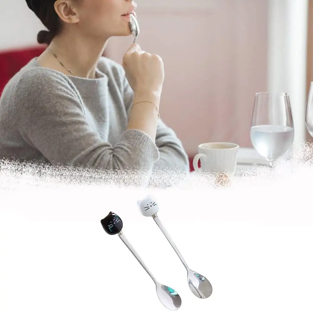 

2 psc Cartoon Cat Cake Spoon Ceramic Handle Stainless Steel Coffee Spoon Spoon Milk Mixing Spoon Mirror Polishing