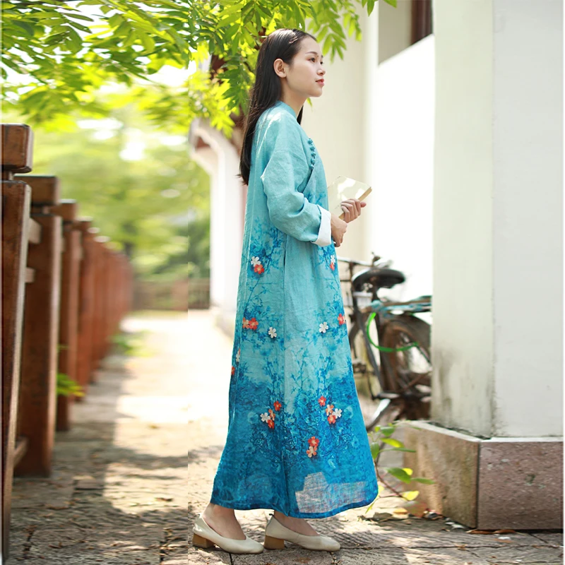 

Hisenky 2019 Autumn Sweet Print Dress Women Side Slit Long Sleeves Dress Vintage Linen Enthnic Dress Long Robe Vestidos