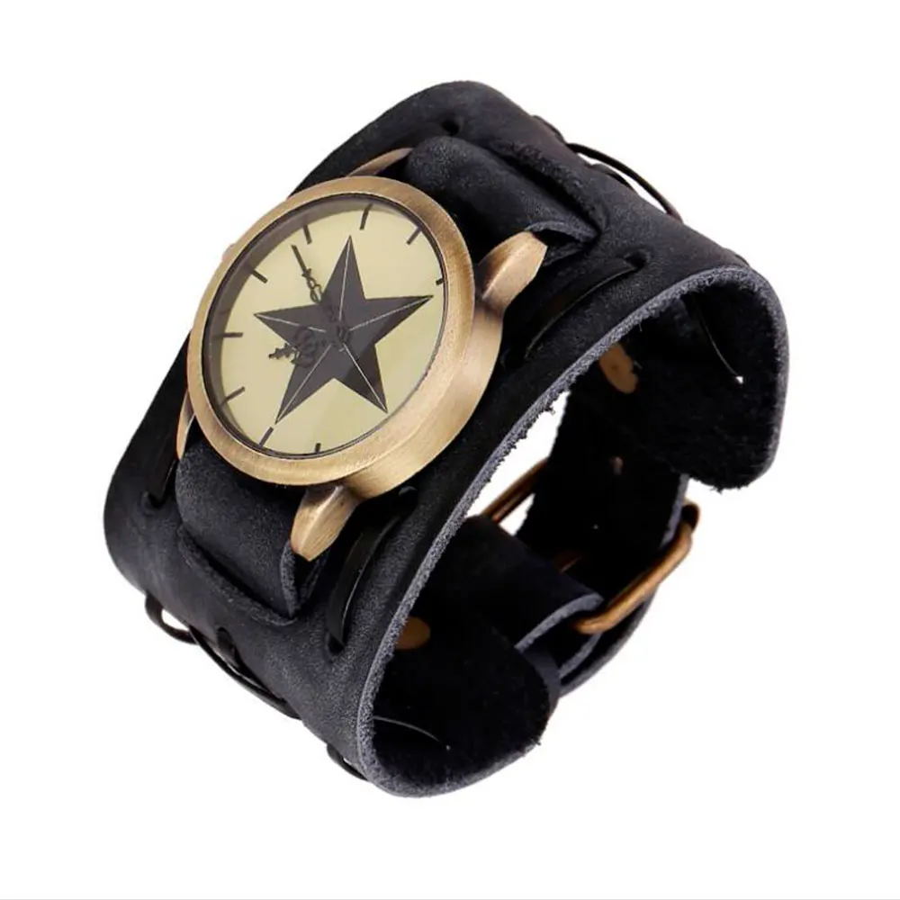 W01380 retro black Винтажные Ретро Большие широкие часы с ремешком из натуральной кожи, мужские панк кварцевые часы-манжета, наручные часы, браслет, браслет, relogio masculino - Цвет: W01380 retro black