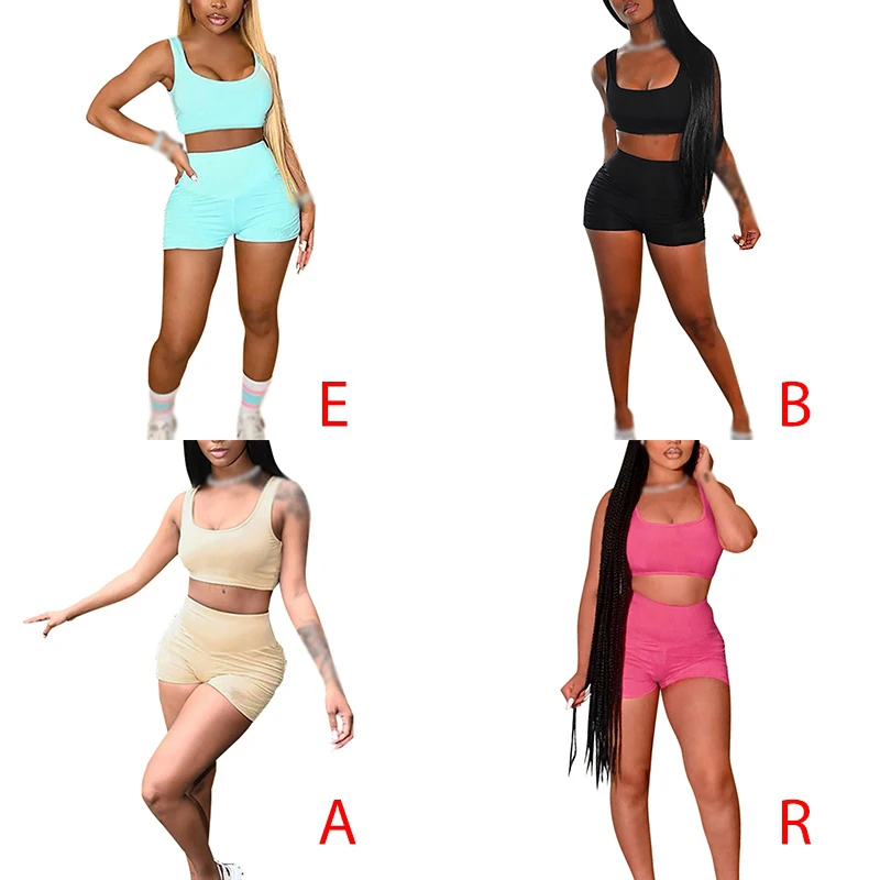 

2021 New Women's Casual Solid Color Vest Shorts Sports Two Piece Suit