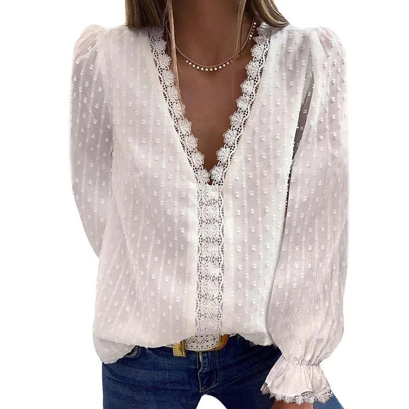 

Summer Blouses Women Fashion Lace Patchwork V Neck Long Sleeve Casual Elegant Shirts Tops Office Work Plus Size Chiffon Blouse