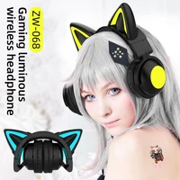 new cute fashion girl wired wireless bluetooth compatible cat ear headset hd mic rgb lighting stereo music game foldable headset