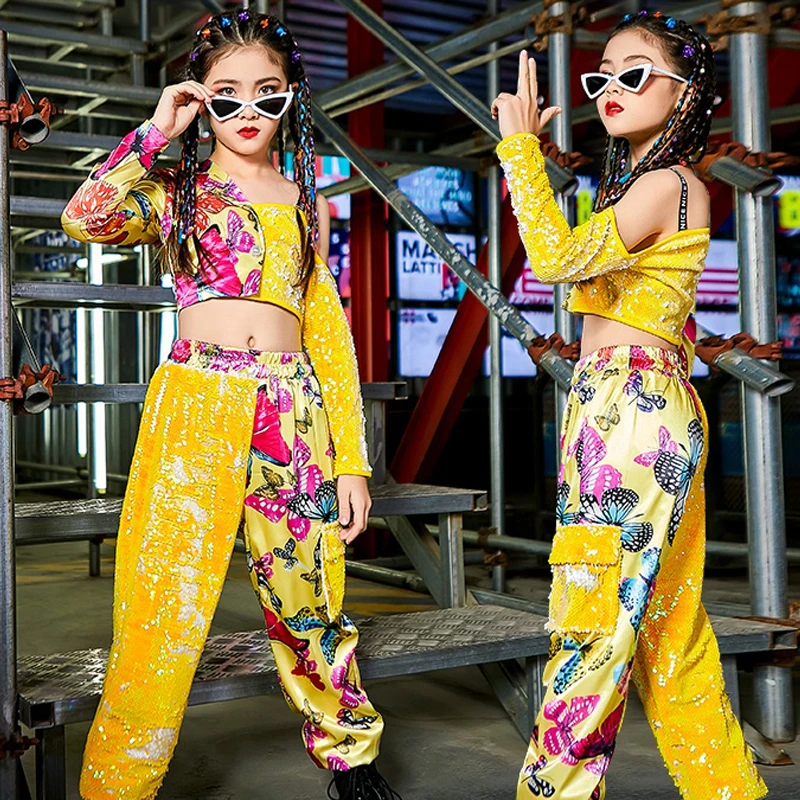 

Girls Hip Hop Performance Clothing Fashion Off-Shoulder Tops Sequin Hip Hop Pants Kids Jazz Dance Costume Stage Outfit DNV14563