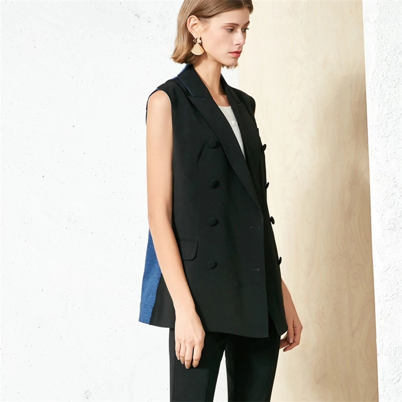 

Color Matching Black and Blue Contrast Suit Collar Vest Jacket 2021 Spring New Women's Fashion Sleeveless Coats Waistcoat Y1445