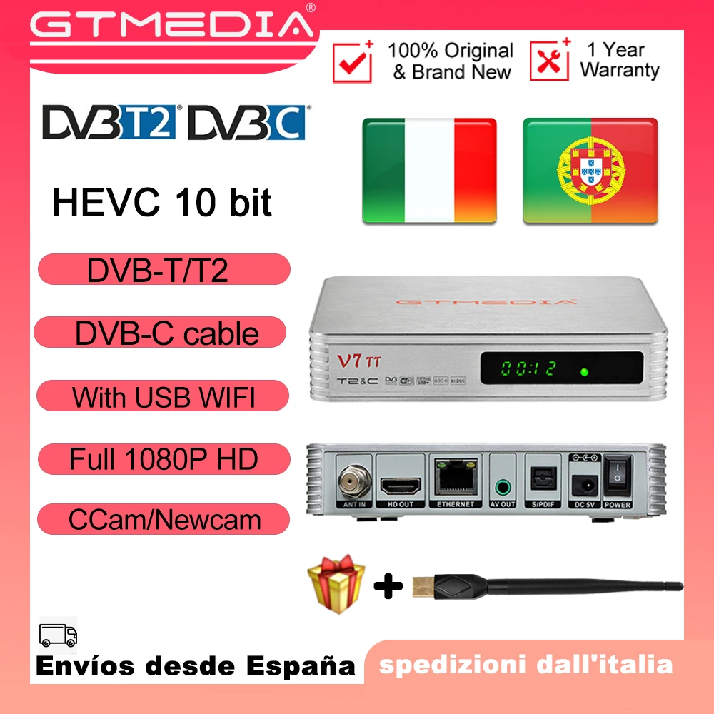 GTMEDIA-receptor de TV terrestre V7 TT, decodificador con Cable de DVB-T2, H.265,...