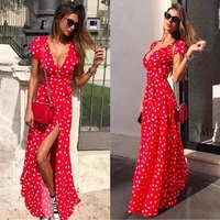 european and american women foreign trade hot selling summer short sleeve v neck low cut print polka dot dress 2021 dress solid