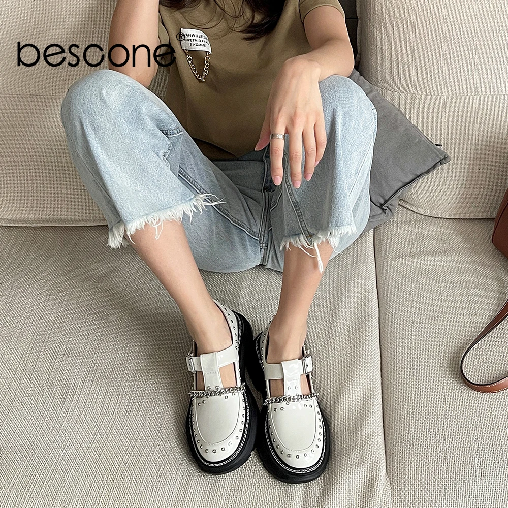 

Женские туфли-лодочки на платформе BESCONE, дышащие туфли из натуральной кожи с металлической цепочкой и ремешком с пряжкой, модная обувь в сти...