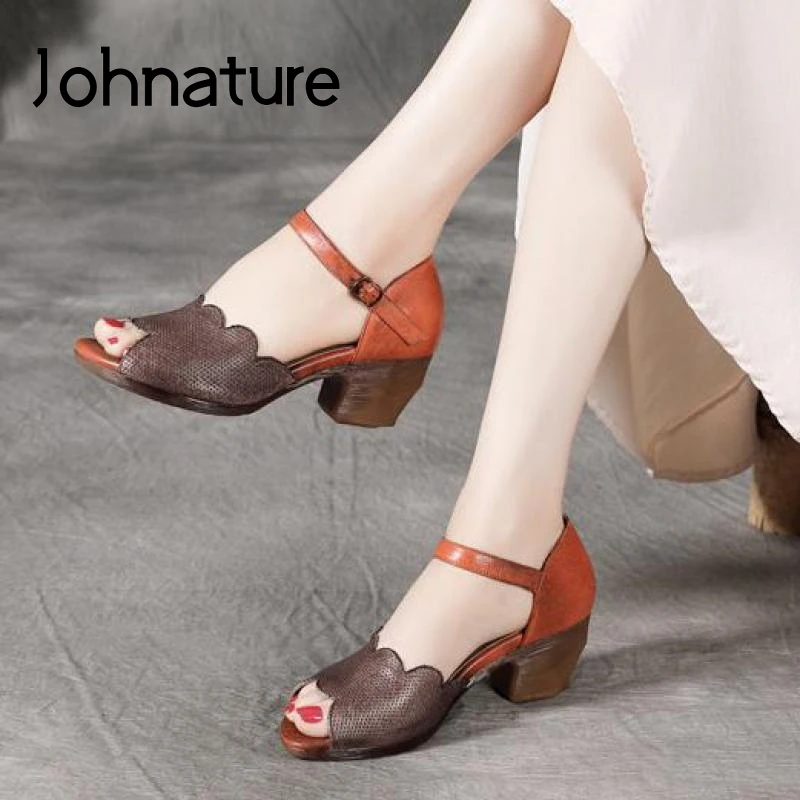 

Женские сандалии из натуральной кожи Johnature, повседневные босоножки из натуральной кожи в стиле ретро, с пряжками и ремешками, лето 2021