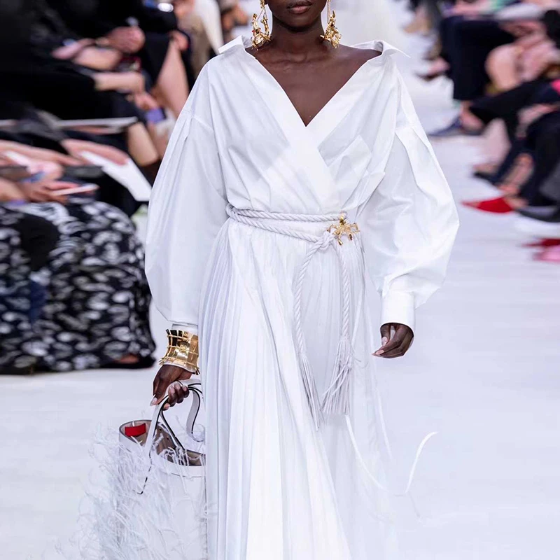 Винтажное платье рубашка белое с рукавами фонариками и высокой талией женское