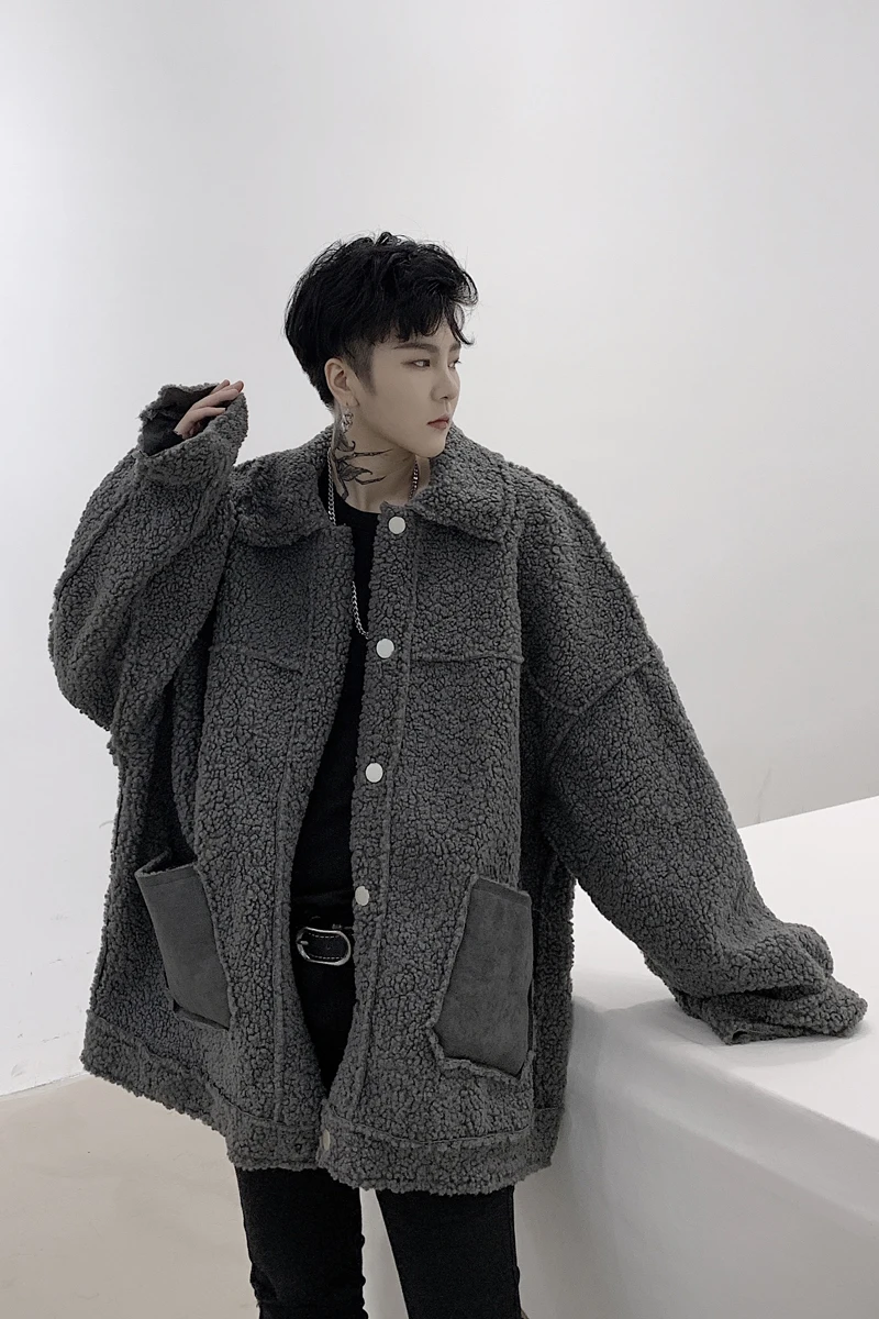 

M-XL!Winter clothing personality tide style leather pocket design men's loose lamb fur coat youth tide boy hip hop coat.
