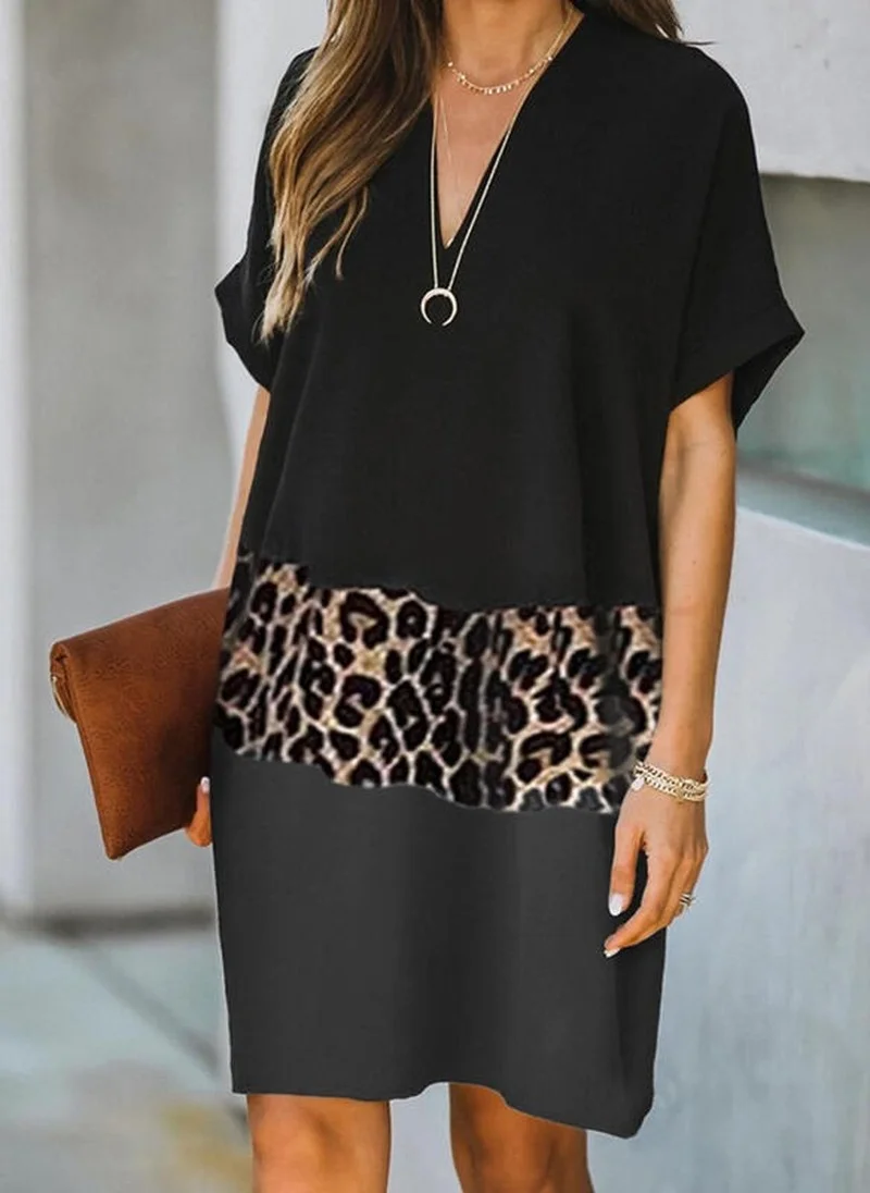 

Donsignet Fashion Women's Dress New Casual V-neck Pullover Color Matching Casual Loose Sexy Short-sleeved Retro Dress