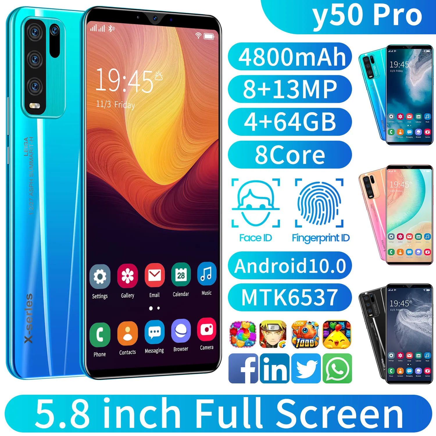 

Global Version Y50 Pro 5.8 Inch 4GB RAM 64GB ROM 8+13MP Andriod 10 Smartphones 8 Core Really New MTK6537 Dual SIM 5G Cell Phone