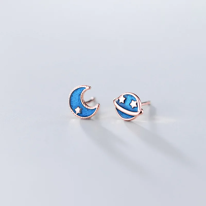 Женские серьги гвоздики из серебра 2018 пробы с Луной и звездами|fashion stud earrings|stud