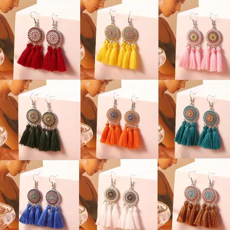 

Bohemian Sun Flower Tassel Earrings For Women Handmade Weave Cotton Fabric Long Drop Earring Boho Colorful Ethnic Jewelry Female