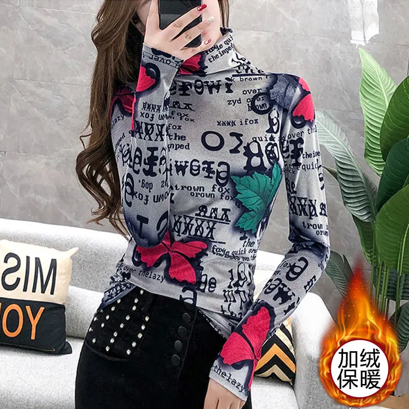 

Turtleneck Sweater Bottoming Shirt Women Spring and Autumn Fashion Printing Western Style Long-Sleeved Shirt Women