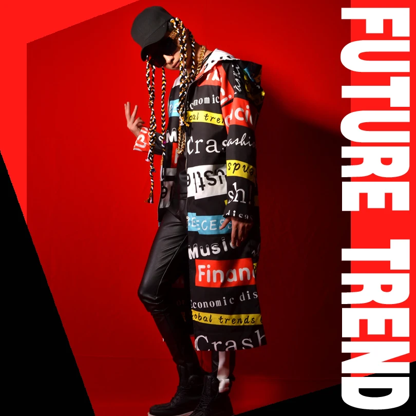 Плащ мужской в стиле хип хоп одежда для сцены Длинная ветровка с капюшоном и