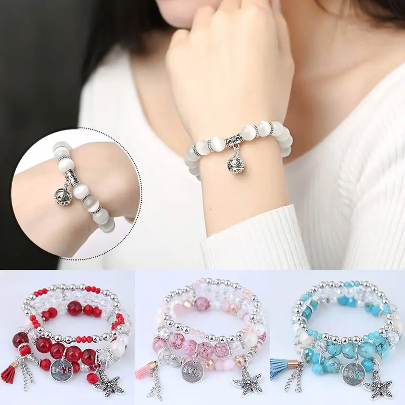 1PC/1Set Starfish Bangles Jewelry Gifts Multilayer Natural Stone Shell Letter Tassel LOVE Vintage Leaf Charms Beads Bracelets | Украшения и