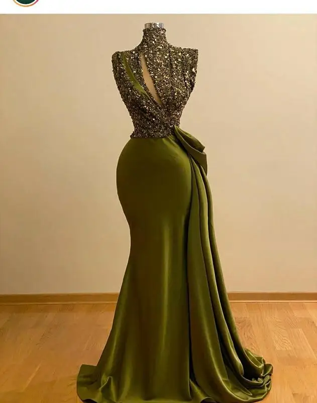 

Hunter Green Crystal Beaded Mermaid Evening Dresses High Neck Pleats Floor Length Satin Evening Gown Formal Dress Prom Dress