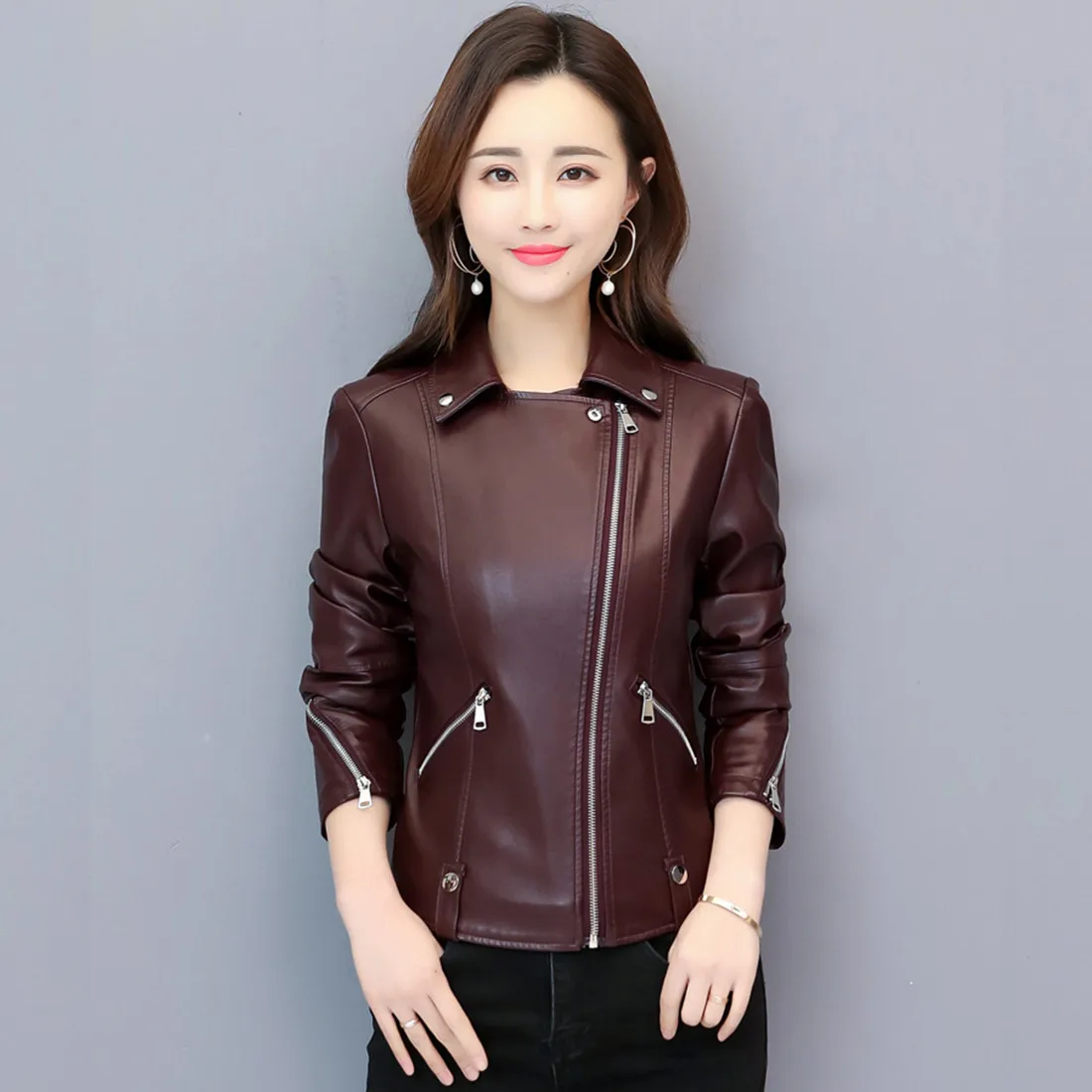 M-4XL Women Motobike Leather Jacket Spring Autumn Fashion Zipper Slim Tops Red Short Coat Black Sheepskin Outerwear Female