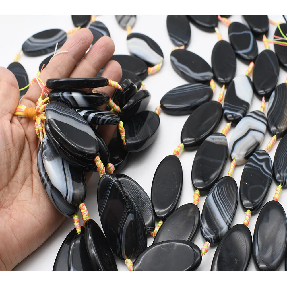 2strands/lot 49mm Natural Smooth Black stripe Oval Agate stone beads For DIY Bracelet Necklace Jewelry Making Strand 15