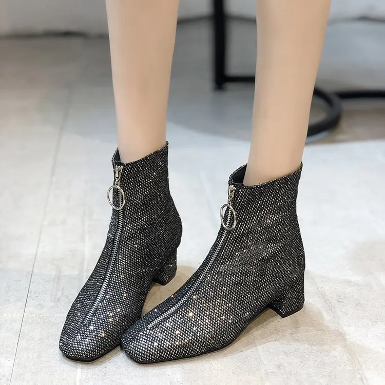 Женские сапоги носки на Высоком толстом каблуке с блестками цвет черный