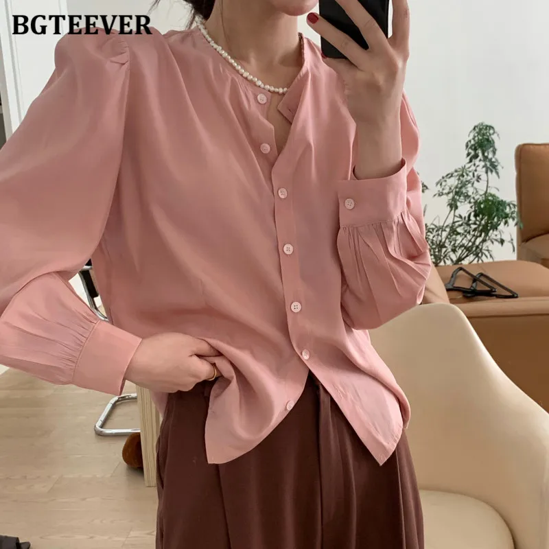 

BGTEEVER Korean O-neck Long Sleeve Women Shirts Tops Elegant Single-breasted Loose Female Blouses Shirts 2021 Summer Blusas