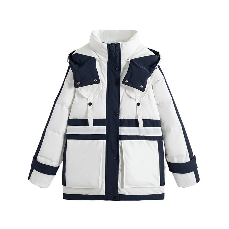 

ZCWXM Winter Women 90% White Duck Down Parkas Hooded Feather Jacket Thick WarmCasual Splicing Navy White Snow Outwear