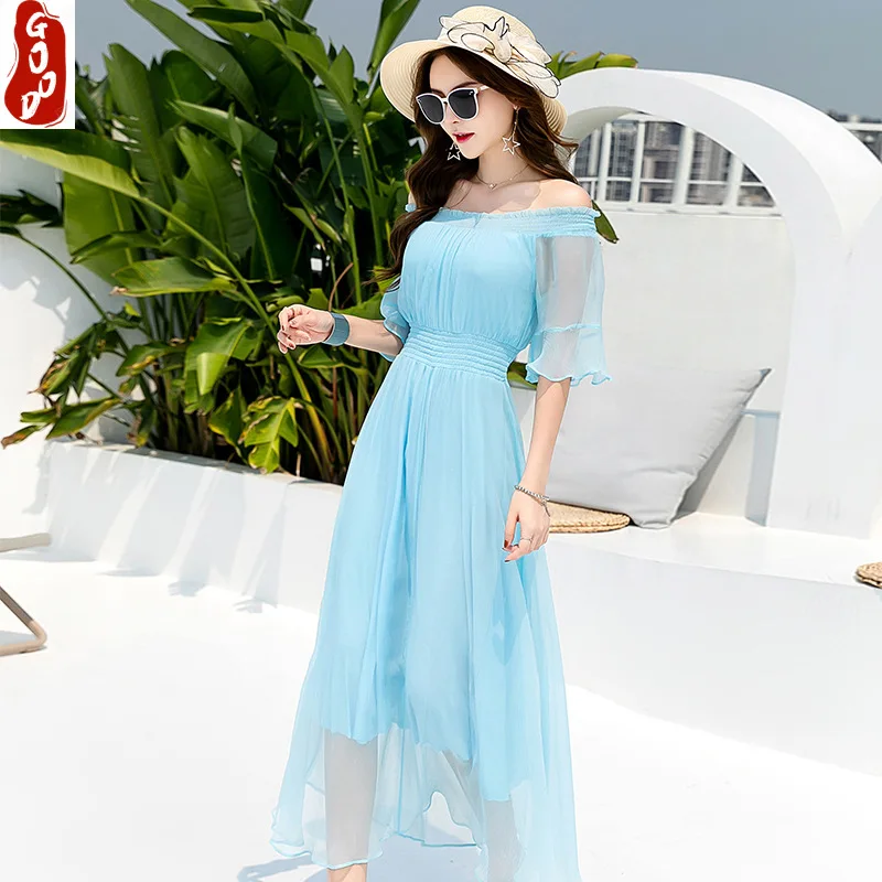 

100% Real Silk Summer Dress Women Clothes 2021 Boho Vintage Off Shoulder Maxi Dresses Woman Beach Party Vestidos 19831