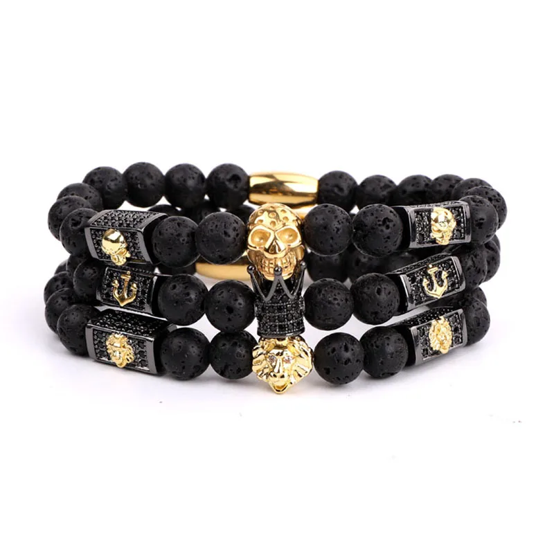 Модные мужские браслеты с бусинами CZ Pave Череп Корона Лев Шарм Лава Рок Камень