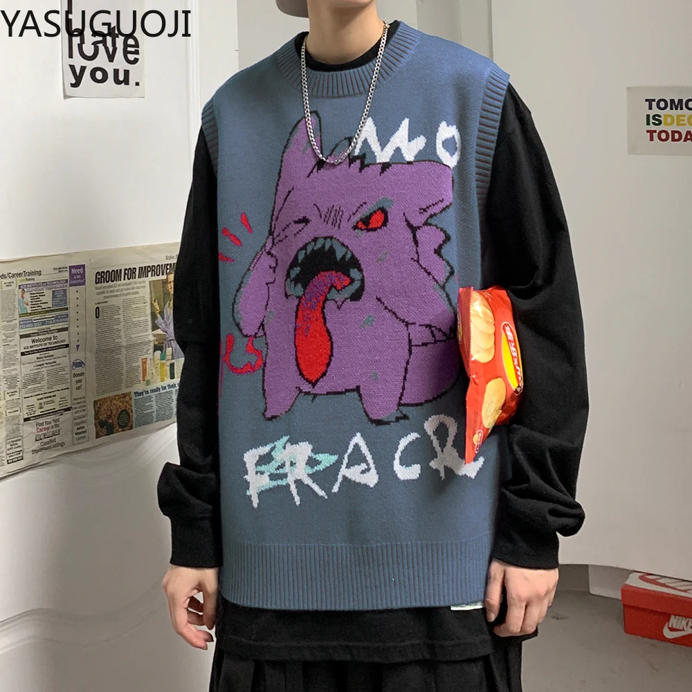 YASUGUOJI New 2021 Spring Hip Pop Cartoon Print Mens Sweater Vest High Street Loose Sleeveless Man Clothes | Мужская одежда