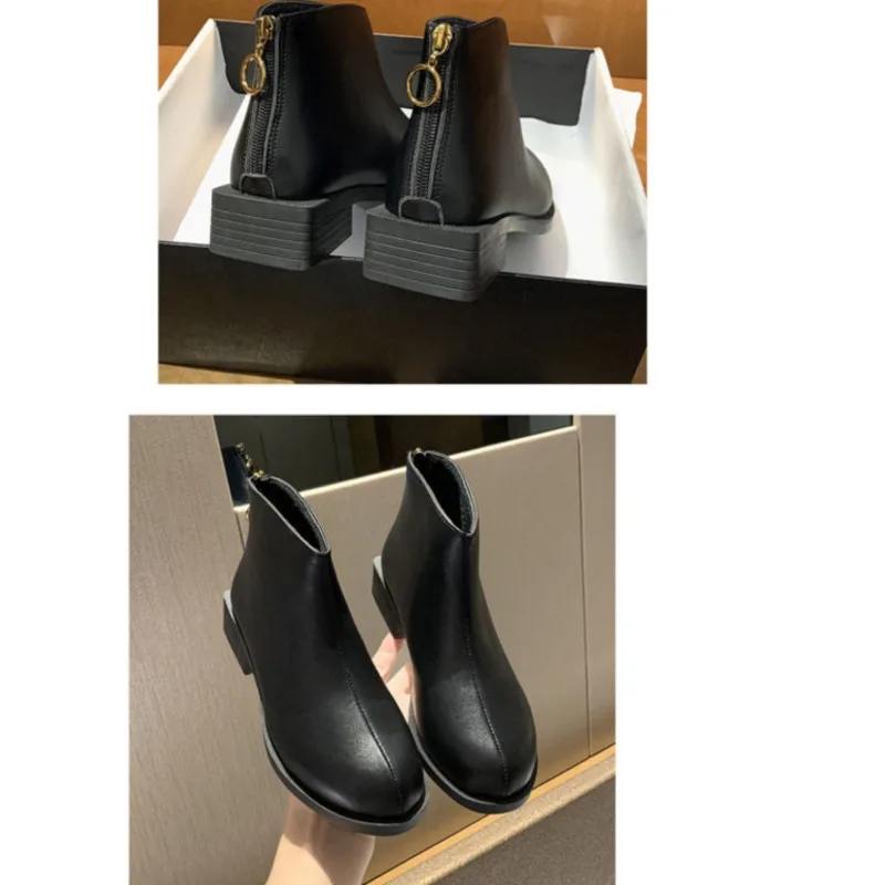 

Net red Martin boots women's winter versatile thick heel back zipper women's Chelsea boots Fur boots Warm short sleather boot