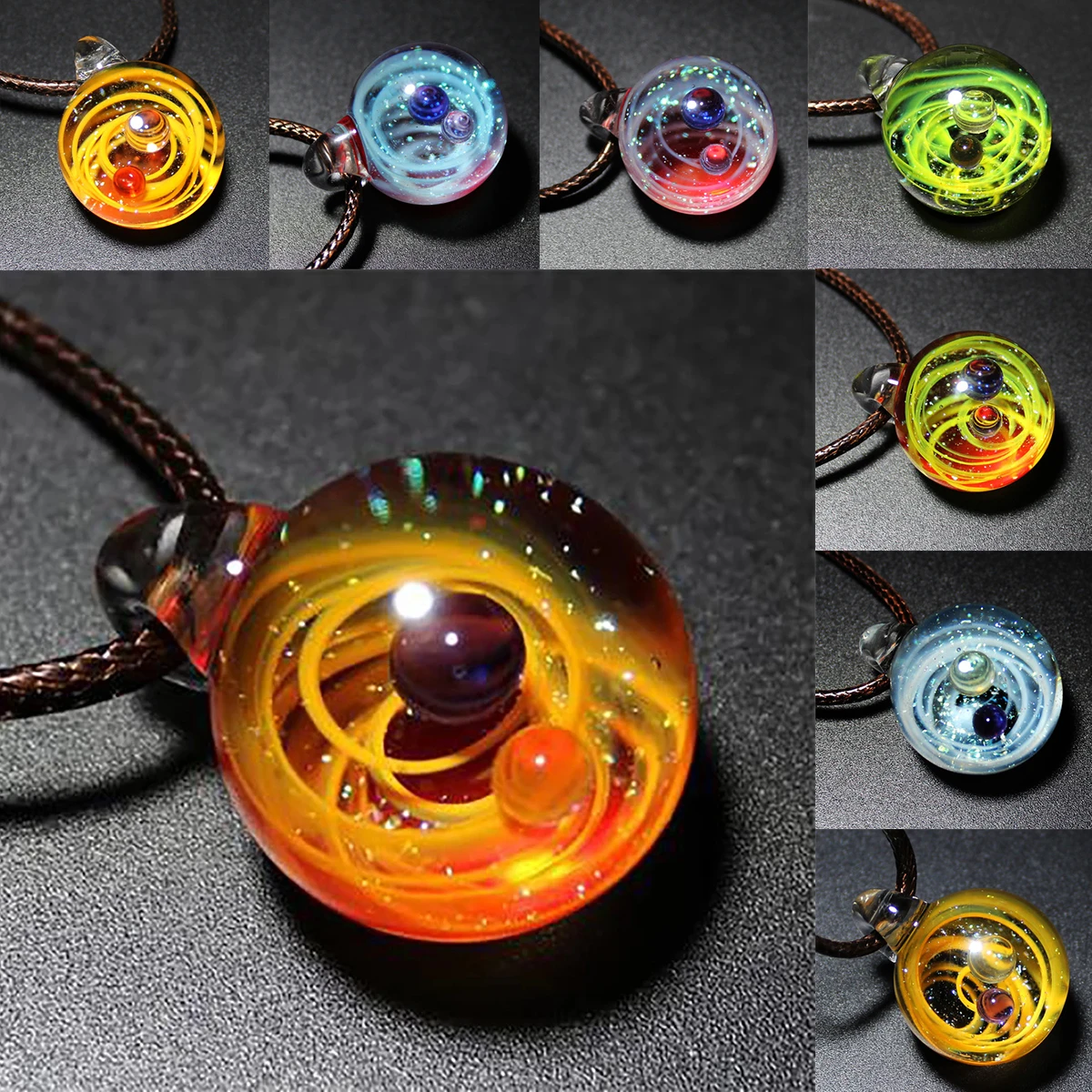 Nebula Cosmic Handmade Galaxy Glass Pendant with Rope Necklace Universe Glass Bead Planets Jewelry Necklace for Women Gift