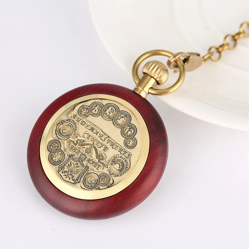 Red Wood Roman Numerals Open Face Pendant Mechanical Pocket Watch Durable Bronze Antique Hand Winding Pendant Chain Male Clock