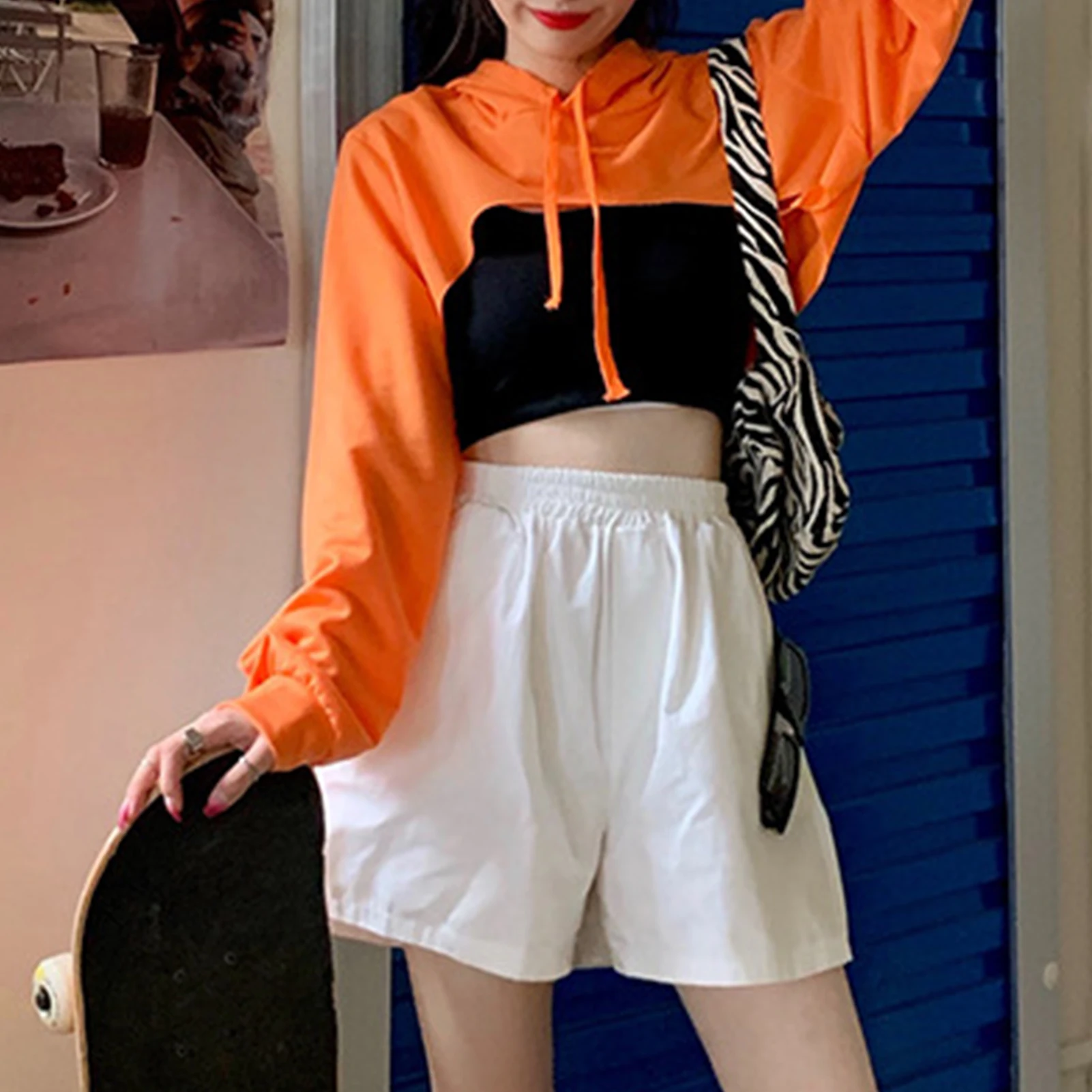crop hoodie women Solid Color Long Sleeve Drawstring Micro Hoodie Irregular Short Sweatshirt tops for women fashion Blue xl