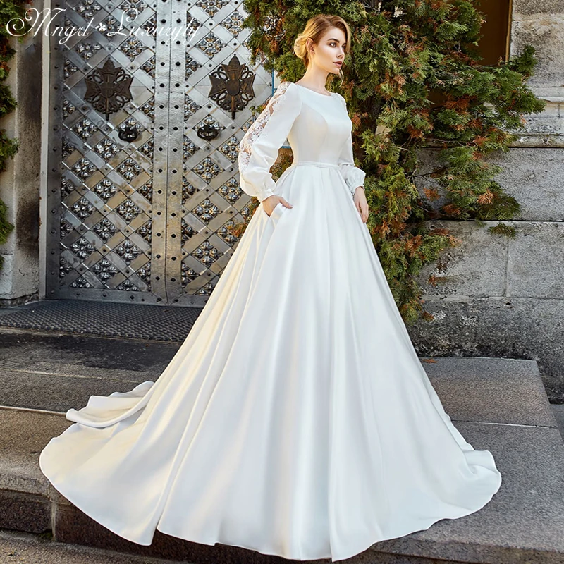 

Luxury Matte Soft Satin A Line Wedding Dresses Lantern Sleeve High Waist Lace French Gowns O Neck Buttons