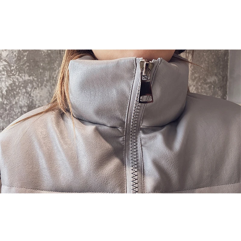 

Women Winter PU Leather parkas 2021 new Solid thicken zipper warm windproof jackets snow coat for female size M-3XL