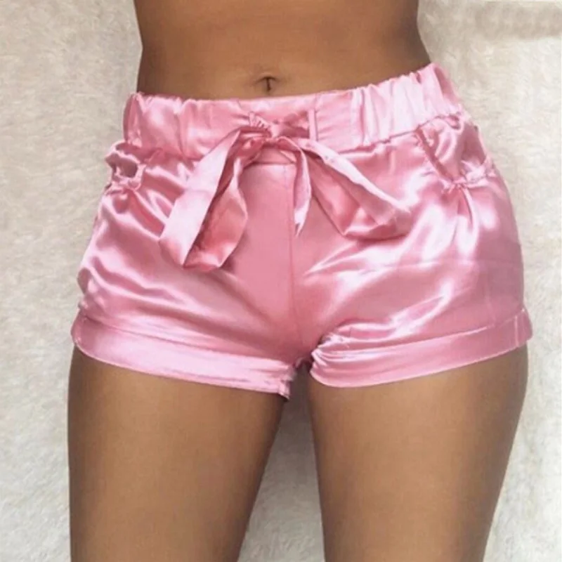 

Soft Pink Silk Satin Shorts Women Sexy High Waist Bodycon Flannel Short Pants Pantalones Mujer Fitness Sleep Wear