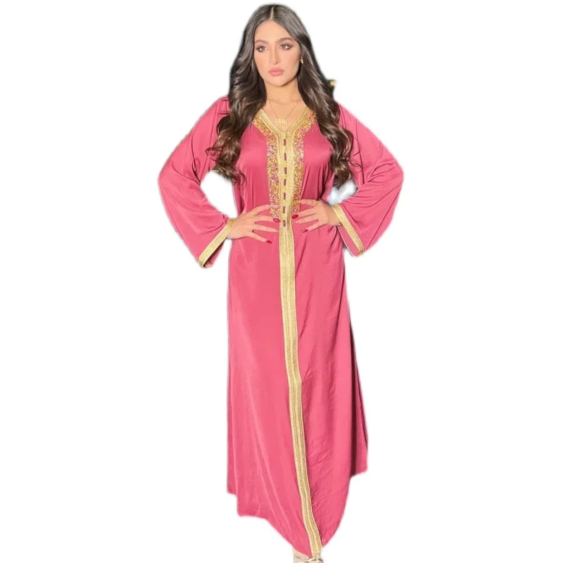 

Ramadan Eid Pink Maxi Dress For Women Modest Muslim Turkey Arabic Dubai Diamond Ribbon V Neck Long Sleeve Jalabiya 2021