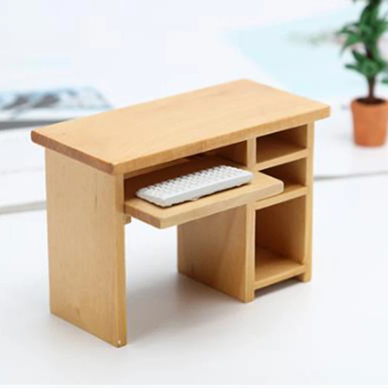 1/12 Dollhouse Miniature Desk With Keyboard And Mouse Wooden Toys Furniture TV Cabinet Stand Table Doll House Accessories