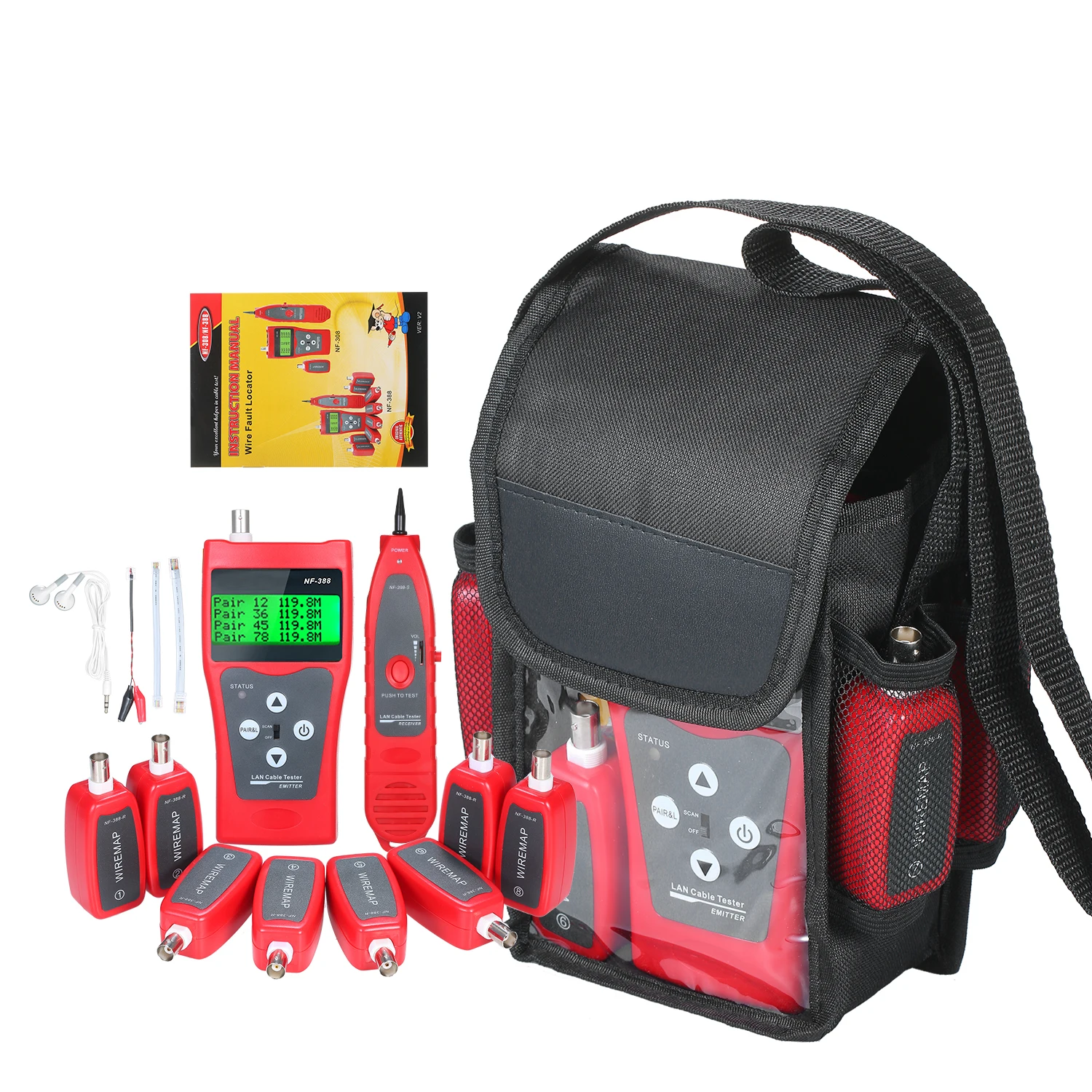 

Multi-functional LCD Network Cable Tester Wire Tracker RJ11 RJ45 BNC Wire Length Finder LAN Cable Tester with 8 Remote Adapters