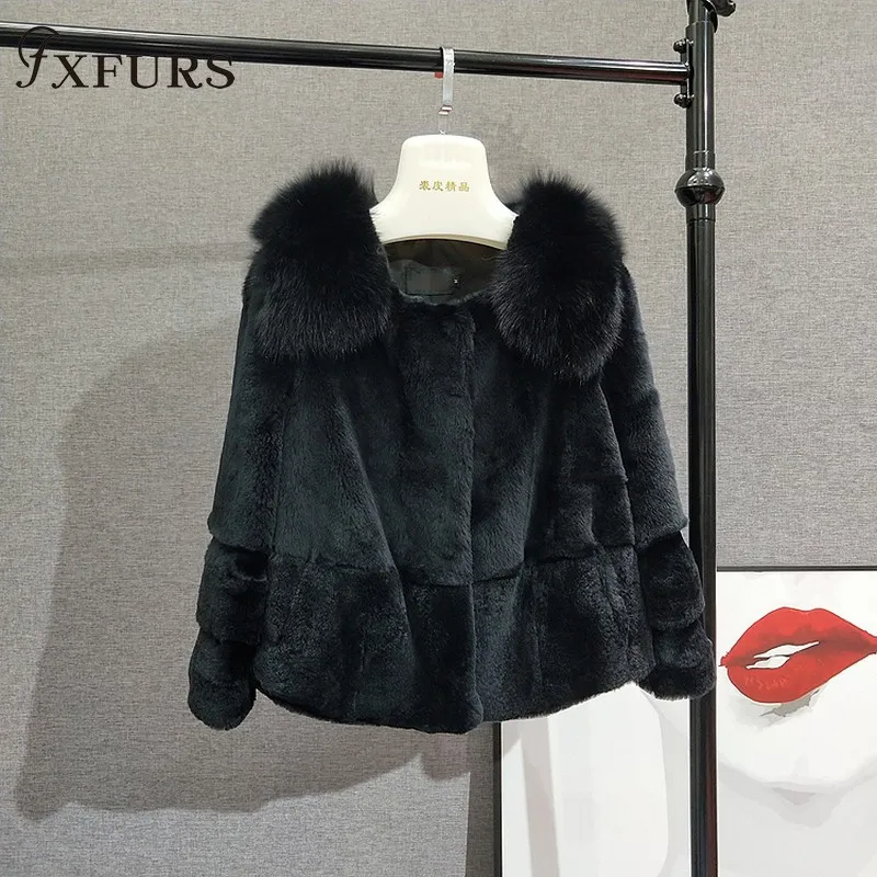 2020 New Women Winter Rex Rabbit Fur Jackets Short Lady's Warm Real Fur Coats Fox Fur Collars Whole SKin Fur Clothings Outwear
