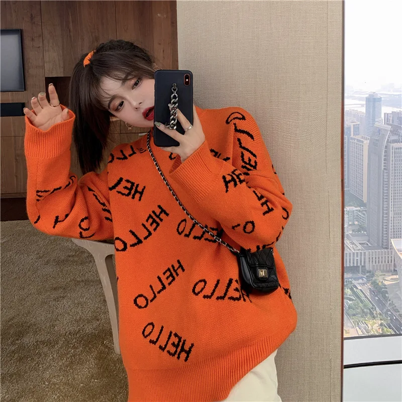 

Retro sweater women's Japanese autumn and winter Pullover fashionable loose lazy style letter medium length Knitted Top