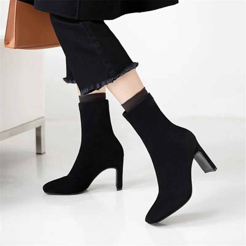 

2021 Winter New Comfortable Women Sock Boots Square High Heels Suede Ankle Boots Fashion Pointed Toe Fall Stretch Shoes Big Size