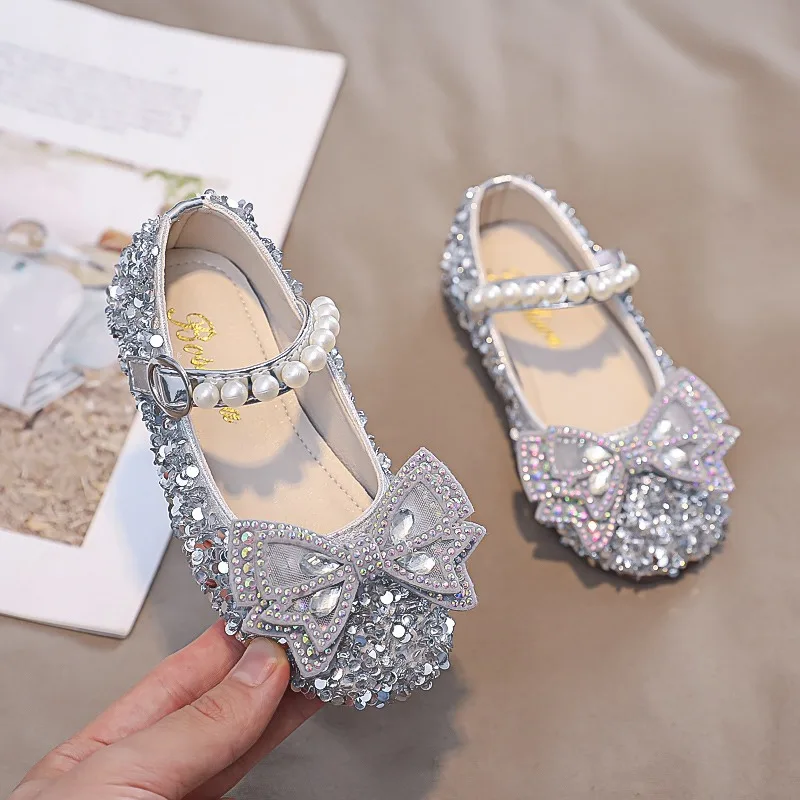 

New Girls' Leather Shoes Baby Paillette Bling Pearl Party Dance Shoes Flats Kids Soft-soled Butterfly-knot Performance Shoes